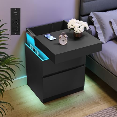 VASAGLE Black Nightstands, Charging Station, LED Lights,2 Drawers by Unknown