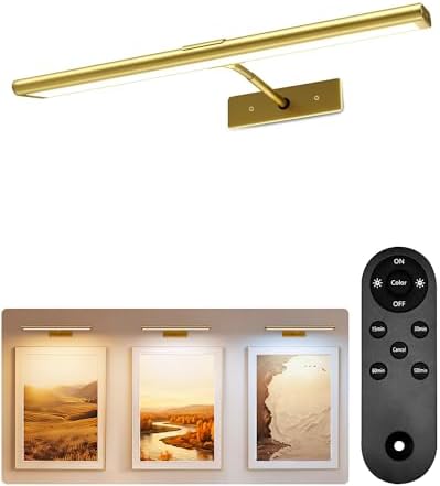 EZVALO Picture Light for Wall, 4800mAh Rechargeable Wireless Remote, 16‘’ Dimmable Magnetic LED Art Display Light with 3 Color Temperatures, for Gallery, Living Room, Bedroom, Hallway (Gold) by EZVALO
