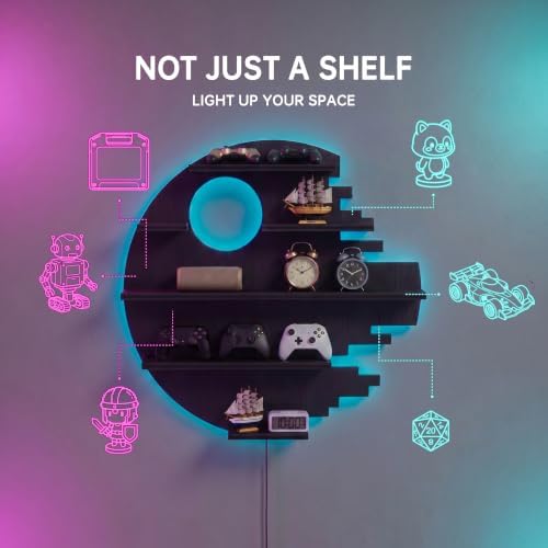 Black Floating Shelves with LED Light Game Room Wall Decor Shelf Boys Gift - Image 3