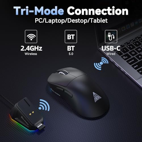 SOLAKAKA SM822 Wireless Gaming Mouse with Charging Dock, Tri-Mode Wireless Mouse, PAW3311 Optical Sensor, Up to 24,000DPI, 62g Lightweight Mouse with 5 programmable Buttons, for PC, Laptop (Black) - Image 3