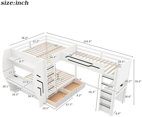 Merax 3 in 1 L-Shaped Wood Gaming Bunk Bed with Built-in Desks,Charging Station, Full & Twin Size Multifunction Bunk Beds with Storage Drawers and Pegboard for Bedroom, Space Saving,White - Image 2