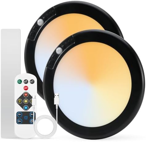 Combuh 2 Pack Black Operated Battery Powered Motion Sensor Ceiling Lights Wireless, Rechargeable 60 Day Battery Life Waterproof Inside Shower Lighting with Remote Magnetic No Wiring for Garage Closet by Combuh