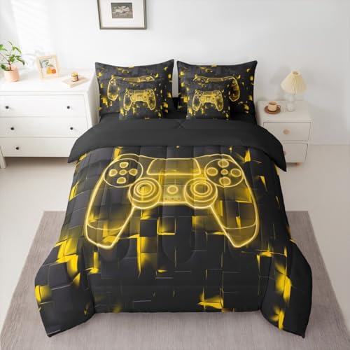 Erosebridal Gaming Comforter Sets for Boys, Video Games Bedding Set 7-Piece King Size | Modern Gamer Sheet Sets with Comforter Teens Gamepad Ombre Square Bed in A Bag, Yellow - Image 2