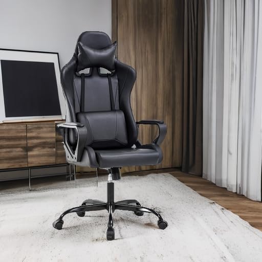 BestOffice Gaming Chair | Black | Desk Chair with Adjustable Lumbar Support | Headrest Pillow | Ergonomic Racing Style Seat with Recline, Swivel Base & Rolling Wheels | For Gamers, Home, Office - Image 2