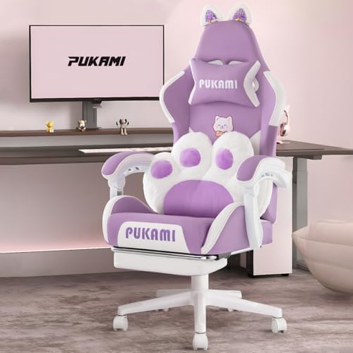 PUKAMI Gaming Chair with Cat Ears,Cute Computer Chair for Girl with Footrest,Ergonomic Gamer Chair, Kawaii Gaming Chair, Game Chair (Purple) by PUKAMI