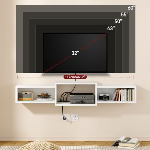 IBUYKE Floating TV Stand Wall Mounted with Power Outlet,Modern Wood Wall Mounted Media Console Shelf,Floating Entertainment Center for Under TV Storage for Living Room Bedroom Office,White WST001W - Image 7
