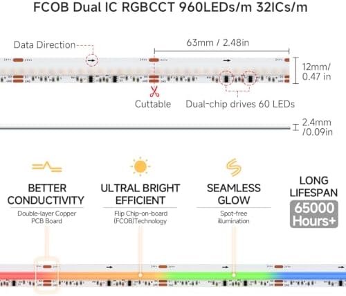BTF-LIGHTING 9.8FT WS2811 Dual IC Chasing RGBCCT DC24V COB LED Strip Light - Image 5