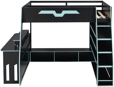 Merax Full Size Gaming Loft Bed with Desk and Multi-Storage Shelves, Space-Saving Wood Loft Bed Frame with Full-Length Guardrail for Teens Bedroom, Built-in Light Strip & Charging Station, Cloud Blue - Image 4