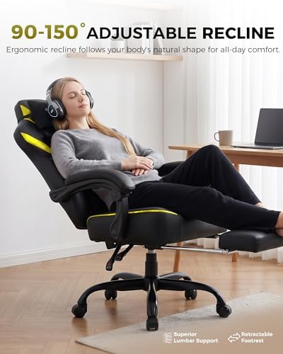 GTPLAYER Big and Tall Gaming Chair with Footrest, High Back Ergonomic Office Chair for Adults, Heavy Duty 350 lbs Capacity, Premium Leather & Iridescent Trim, ACE-Armor, Yellow - Image 6