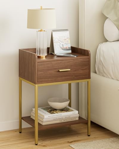 Masupu Nightstand, 3-Tier Modern Bedside Night Stand with Storage Drawer and Shelf, Small End Side Table for Bedroom, Living Room, Walnut by Masupu