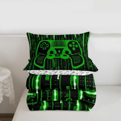 Feelyou Green Gaming Bedding Set Toddler Size, Gamer Comforter Kids Gamer Comforter Set for Kids Modern Game Duvet Set Game Room 2Pcs - Image 3