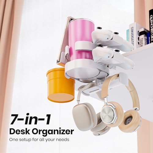 7-in-1 Cup Holder - EURPMASK Desk Organizer with Headphone, Controller Holder, Snack Bucket, and Phone Holder, Clamp-On Desk Accessory with Sturdy Large Storage, Easy to Install, White - Image 6