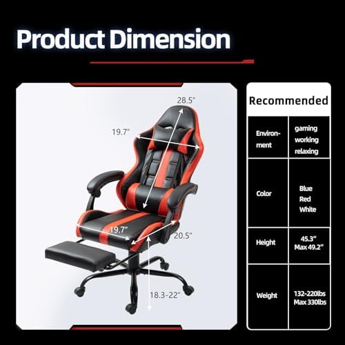 ECOTOUGE Massage Gaming Chair with Footrest & Lumbar Support, Red | Premium PU Leather; Ergonomic Massage Lumbar; 90-135° Recline; Height Adjustable; Retractable Footrest; 330Lbs Steel Frame - Image 3