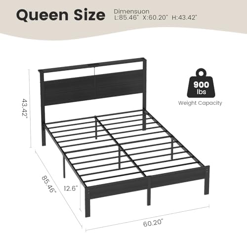 Queen Size Bed Frame with LED Lights and Charging Station Headboard - Image 2