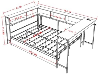 Bellemave Full Size Corner Bed Frame with Storage Drawers, Bookcase and Side Desk, Full Corner Bed with Light and Charging Station, Daybed for Bedroom, Living Room, Guest Room Gray - Image 2