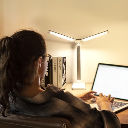 LAOPAO LED Desk Lamp, Dual Head Desk Light, 5 Levels Dimmable & 3 Color Modes Eye-Caring Table Light with USB Charging Port, Table Lamp for Reading, Studying, Home Office,White - Image 7
