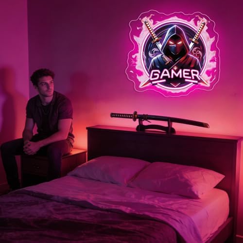Gamer Neon Sign for Wall Deco,Japanese Ninjas Neon Light for Man Cave Gaming Room Game Zone Club Bedroom Party,Japanese Katana Gaming Adjustable LED Lights Gift for Gamer USB Powered（13.8"*12.6"） - Image 3