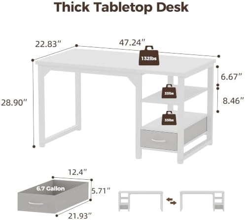 Mericonia 48" Reversible Computer Desk with Drawer, 1" Thick Office Desk - Image 2