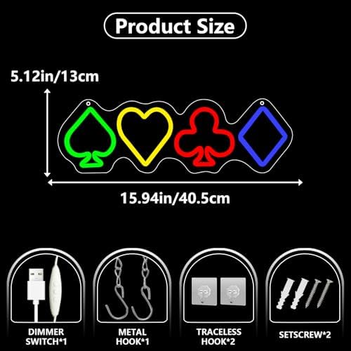 Playing Card Suits Neon Sign, Poker LED Neon Light for Wall Decor, Dimmable Poker Neon Sign for Game Room, Bar, Man Cave, Casino Party, Hotels, Great Gifts for Boys Men Shop Birthday - Image 3