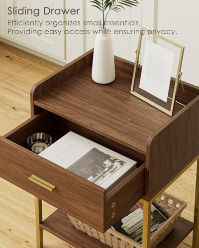 Masupu Nightstand, 3-Tier Modern Bedside Night Stand with Storage Drawer and Shelf, Small End Side Table for Bedroom, Living Room, Walnut - Image 4
