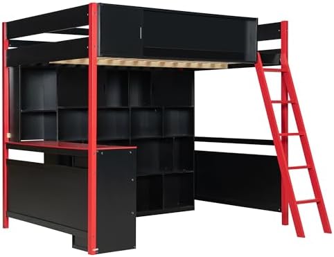Merax Full Size Wood Loft Bed Frame with Desk and Ample Storage Space, Gaming Bed with Light Strip for Teens Bedroom, Full-Length Guardrails, No Box Spring Needed, Red - Image 6
