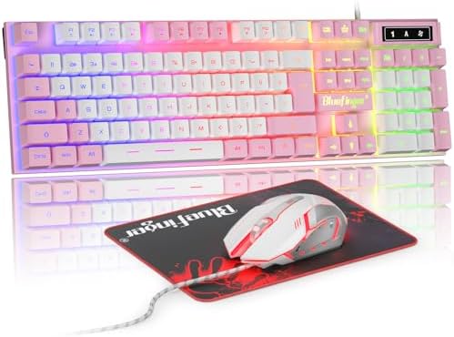 BlueFinger RGB Gaming Keyboard and Backlit Mouse Combo, USB Wired, LED Gaming Set for Laptop PC Computer Game and Work (Pink & White) by BlueFinger