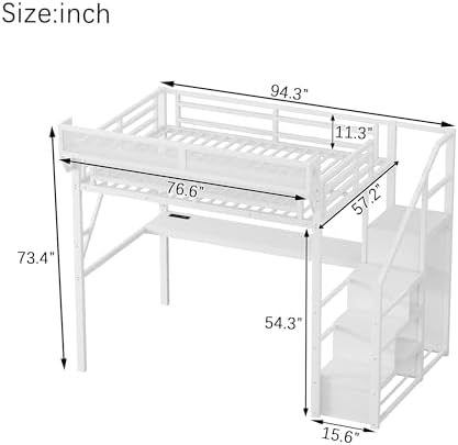 KEIKI Full Size Metal Loft Bed Frame with Desk, Staircase, Built-in Storage Shelves and Wardrobe, Modern Loft Bed with Solid Slats, Guardrail, No Box Spring Required, Easy Assembly, for Bedroom, White - Image 2