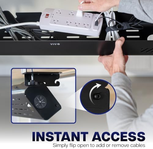 VIVO No Drill 35 inch Under-Desk Clamp-On Cable Management Box with Flip-Open Lid, Easy-to-Open Steel Cord and Power Strip Organizer, Cable Organizer Tray, 11 lbs Capacity, Black, DESK-ACMB35-C - Image 3