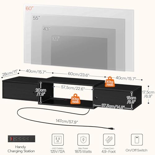 HOOBRO 55" Floating TV Stand with Power Outlets, Modern Wall Mounted Media Console Shelf with Doors, Entertainment Center for Under TV Storage, for Living Room, Bedroom, Black BK11UDS01 - Image 2
