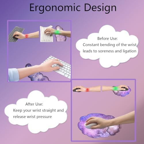 Cloud Wrist Rest Keyboard Galaxy Mouse Pad with Wrist Rest Ergonomic Space Wrist Pad Memory Foam Non-Slip Wrist Support for Computer Laptop Gaming Home Office Relief Typing Pain Gradient Pink Purple - Image 6