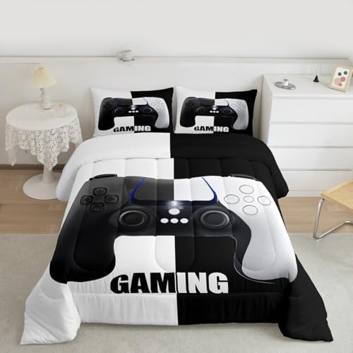 Feelyou Kids Video Games Comforter Set Gaming Reversible Bedding Set for Child Boys Girls Gamepad Comforter Modern Gamer Action Buttons White Black Design Quilt Set Bedroom Collection 2Pcs Twin Size by Feelyou