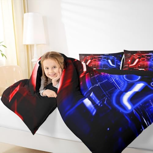 Gamer Comforter Set Gaming King Bedding Set, Neon Lights Video Game Console Comforter Red Blue Brick Cube Duvet Insert,Gaming Room Decor for Boys - Image 5