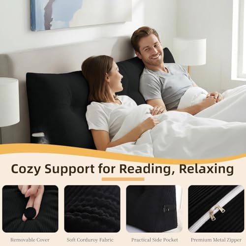Wedge Reading Pillow Headboard Queen Size, Headboard Bolster Pillow for Bed, Triangular Backrest Cushion with Removable Corduroy Cover, Black - Image 4