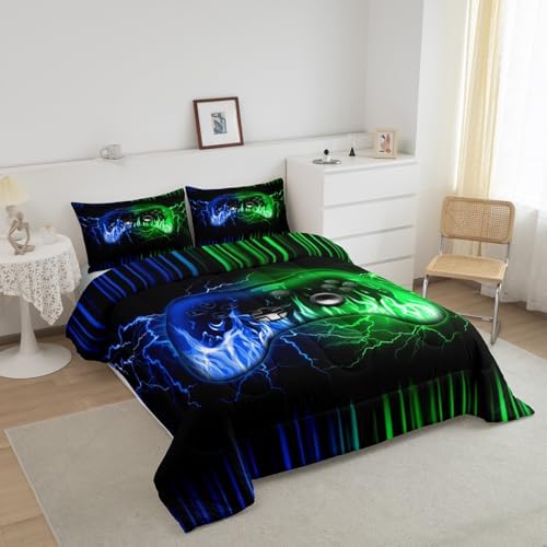 Feelyou Gamer Comforter Set for Kids Boys,3D Video Gaming Bedding Set Full Size,Kids Teens Game Bedroom Room Decor,Blue Green Game Contoller Comforter,Geometric Fire Gaming Bed Set for Game Lovers - Image 2