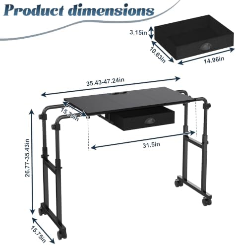 Mobile Recliner Table with Drawer,Adjustable Height and Length Overbed Table with Wheels,Rolling Table for Bed&Sofa,Height from 26.77" to 35.43" and Length from 35.43" to 47.24" - Image 2
