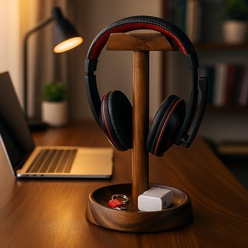 Headphone Stand, Solid Acacia Wood Headset Holder with Tray, Desk Organizer - Image 3