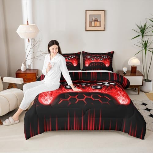 Erosebridal Ombre Art Honeycomb Game Consoles Comforter Set Red Neon Lights Gaming King Bedding Set Geometric Hexagon Beehive Duvet Set Gamer Room Decor for Boys - Image 5