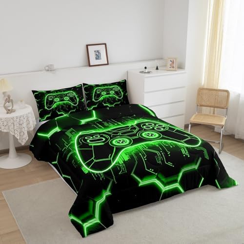 Feelyou Kids Green Gamer Comforter Set Queen Size, Honeycomb Gaming Bedding Set Boys Girls Modern Game Console Comforter Gamepad Teens Duvet Set Bedroom Decor Bed Set 3Pcs - Image 3