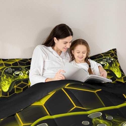 Yellow Game Console Comforter Set for Boys, Neon Geometric Gamer Bedding Set, 3D Geometric Comforter Set with Flame Gaming Consoles Gamer Decor - Image 3