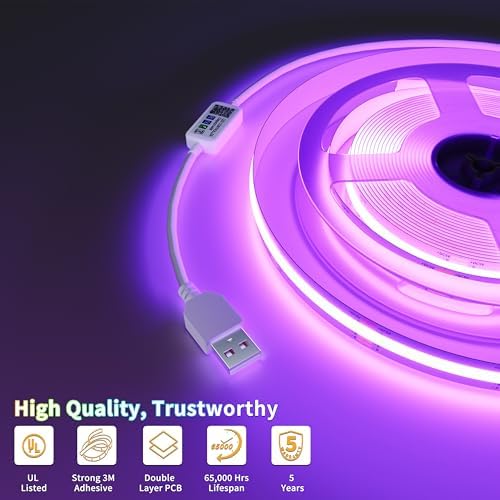 PAUTIX 5V USB RGB COB LED Strip Light 4.92ft/1.5m Color Changing Strip Lights,TV Backlight Multicolor Flexible Under Cabinet Tape Lights with Bluetooth Control for Bedroom,Kitchen,Home DIY Lighting - Image 5