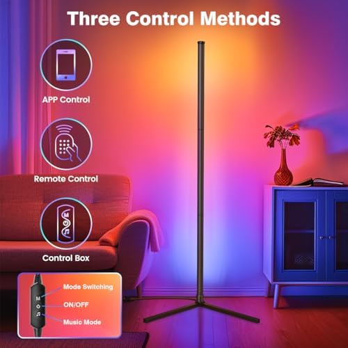 RIYO LED Corner Floor Lamp RGB Color Changing Standing Lamp App Remote Sync - Image 2
