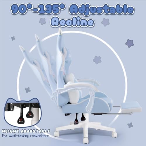 PUKAMI Gaming Chair with Cat Ears,Cute Computer Chair for Girl with Footrest,Ergonomic Gamer Chair, Kawaii Gaming Chair, Game Chair (Blue) - Image 6