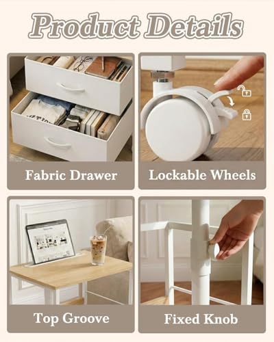 Faesun Swivel Lift Top Nightstand with Charging Station, Rolling Side Table for Recliner, Bedside Table with Wheels & 2 Fabric Drawers, for Small Spaces, for Bedroom, Living Room, Oak White - Image 6