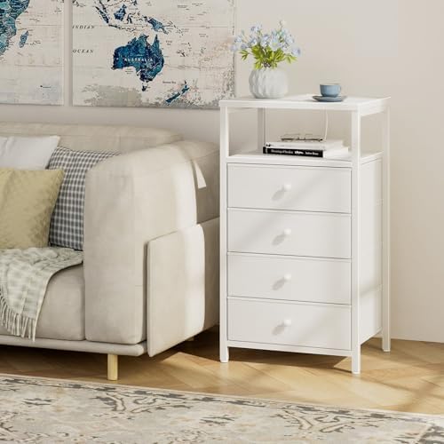 BOLUO Tall Night Stand with Drawers, White Nightstand with Charging Station and LED Light, Small White 4 Drawer Dresser for Bedroom, Room Storage Closet - Image 5