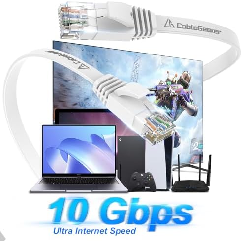CableGeeker Cat 6 Flat Ethernet Cable 25ft, 10Gbps, White - Image 2
