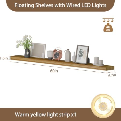 60 inch LED Gaming Floating Shelves for Wall,Solid Wood Long Wall Shelves Set of 1 with Light for Gaming Room,Brown Rustic Wall Mounted Shelves for Living Room Bedroom Kitchen Garage - Image 2