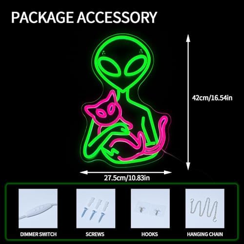 Alien Neon Sign for Wall Decor Dimmable Aliens Cat Led Lights Signs for Bedroom Green Neon Light for Game Room Man Cave Bedroom Party Decoration Gift for Kids Boys - Image 3