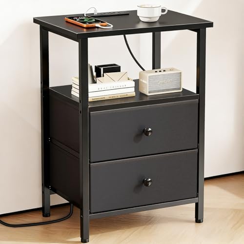 Nightstand with Charging Station, Bedside End Table with 2 Fabric Drawers for Bedroom, Side Table with USB Ports and Outlets (Black) by Unknown