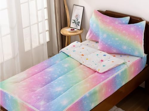 A Nice Night Zipper Bedding for Girls Gradient Glitter Comforter Set,Pink Yellow Rainbow Galaxy Kids Bedding Set,Twin Size - Image 2