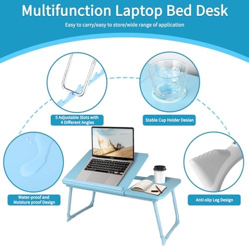 CloudTrip Laptop Desk for Bed or Couch, Lap Desk, Home office Desks, Breakfast Tray Desk, Desk with Cup Holder, Watching Movies in Bed, laptop stand for bed, Lap Desk, Fordable Legs Desk (blue) (Blue) - Image 3